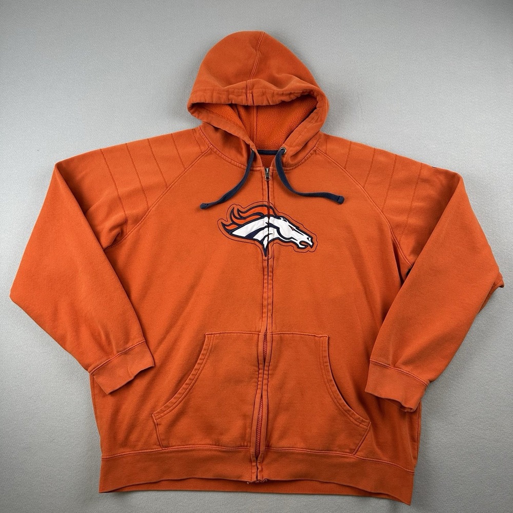 Majestic Denver Broncos Hoodie Mens XL Orange Full Zip Fleece Quilted Shoulder